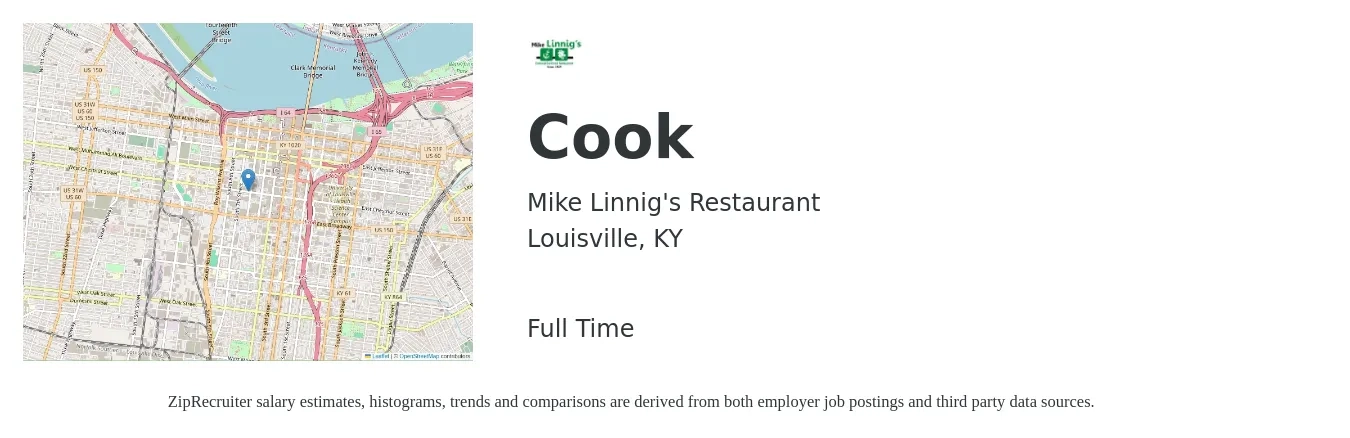 Mike Linnig's Restaurant job posting for a Cook in Louisville, KY with a salary of $13 to $17 Hourly with a map of Louisville location.