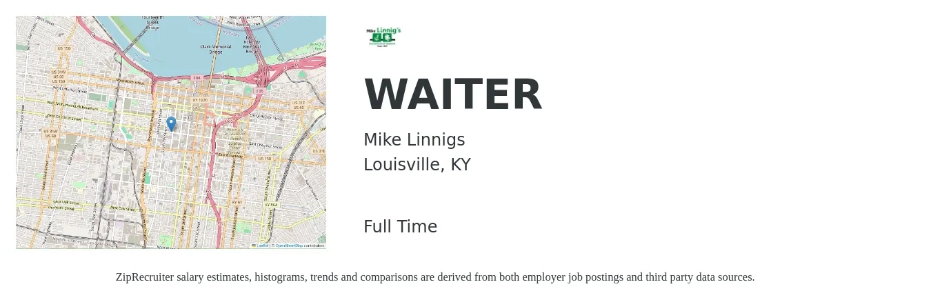 Mike Linnigs job posting for a WAITER in Louisville, KY with a salary of $10 to $16 Hourly with a map of Louisville location.