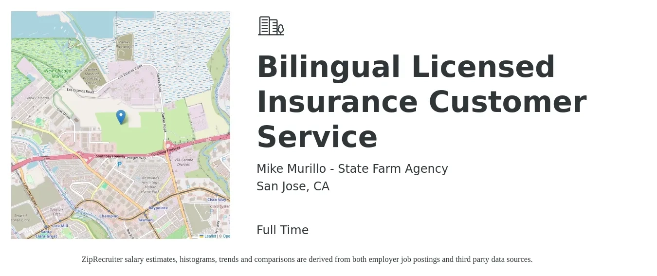 Mike Murillo - State Farm Agency job posting for a Bilingual Licensed Insurance Customer Service in San Jose, CA with a salary of $46,700 to $64,100 Yearly with a map of San Jose location.