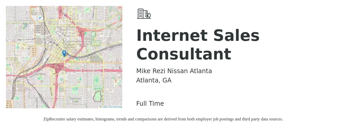 Mike Rezi Nissan Atlanta job posting for a Internet Sales Consultant in Atlanta, GA with a salary of $16 to $22 Hourly with a map of Atlanta location.