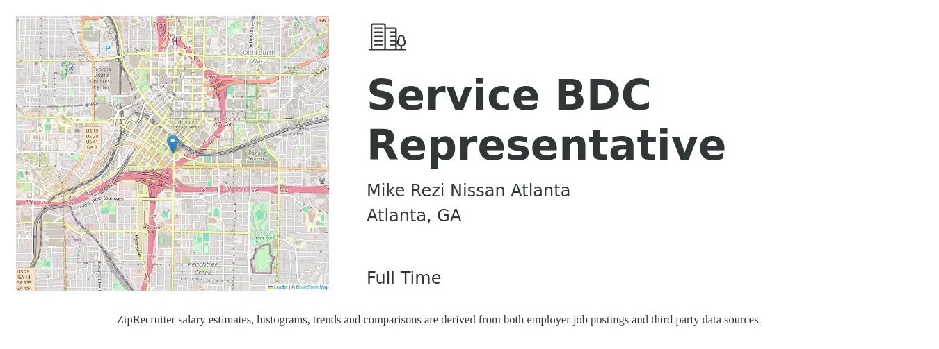Mike Rezi Nissan Atlanta job posting for a Service BDC Representative in Atlanta, GA with a salary of $14 to $19 Hourly with a map of Atlanta location.