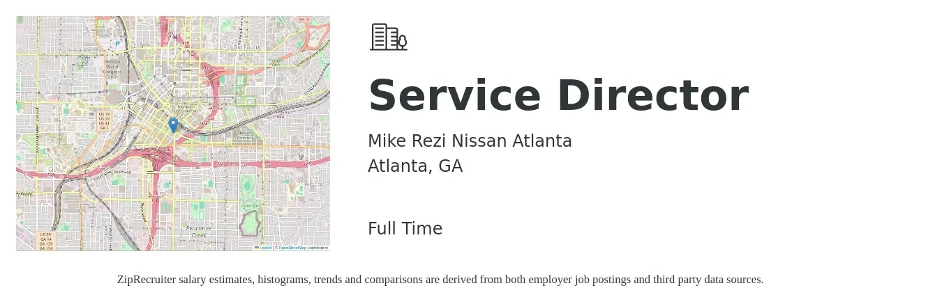 Mike Rezi Nissan Atlanta job posting for a Service Director in Atlanta, GA with a salary of $75,500 to $115,400 Yearly with a map of Atlanta location.