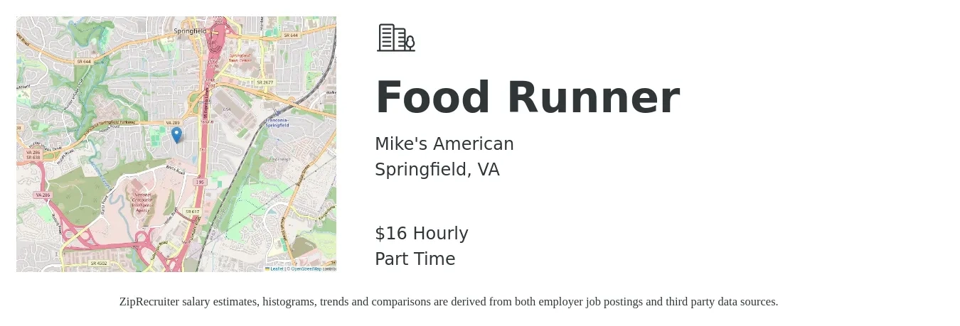 Mike's American job posting for a Food Runner in Springfield, VA with a salary of $17 Hourly with a map of Springfield location.