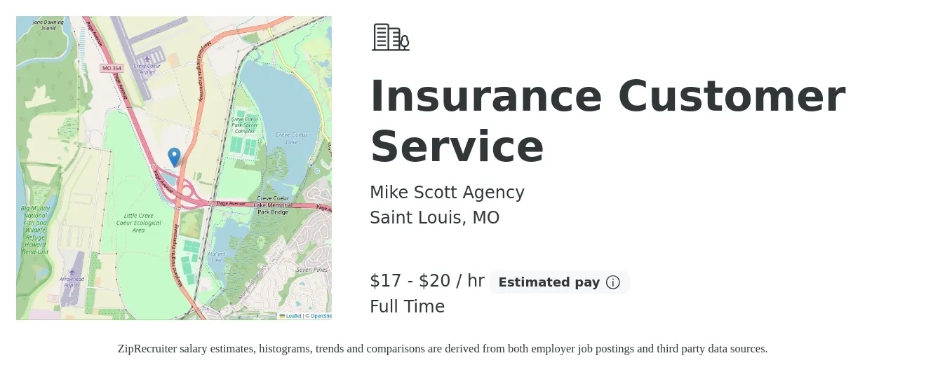Mike Scott Agency job posting for a Insurance Customer Service in Saint Louis, MO with a salary of $18 to $21 Hourly with a map of Saint Louis location.