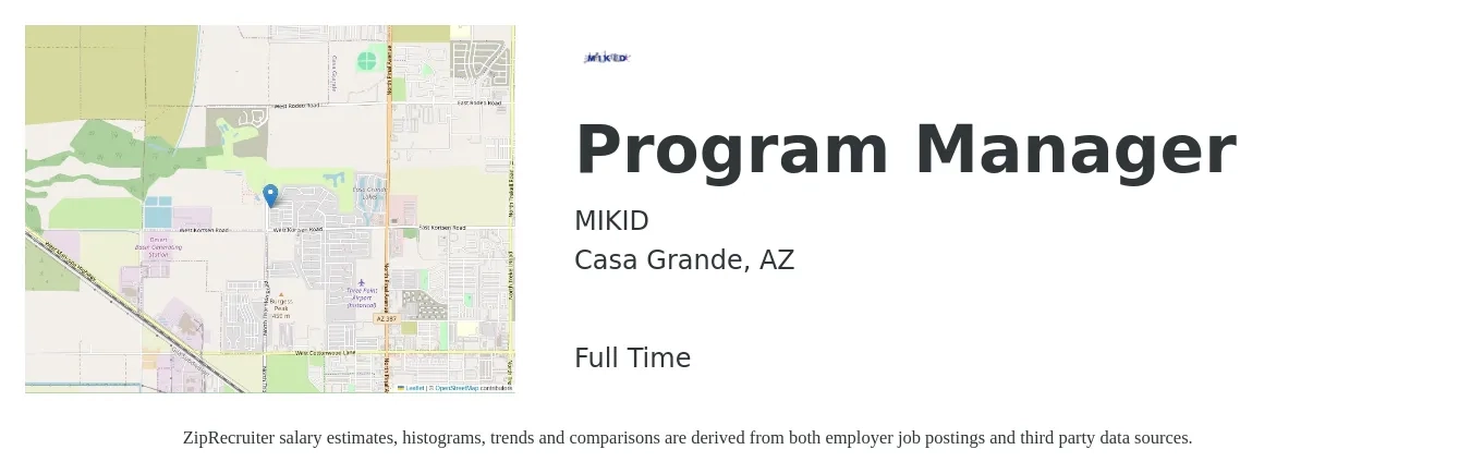 MIKID job posting for a Program Manager in Casa Grande, AZ with a salary of $75,600 to $126,000 Yearly with a map of Casa Grande location.