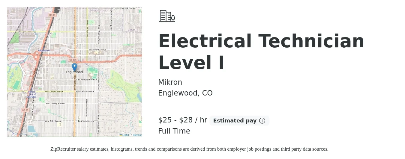 Mikron job posting for a Electrical Technician Level I in Englewood, CO with a salary of $27 to $30 Hourly with a map of Englewood location.
