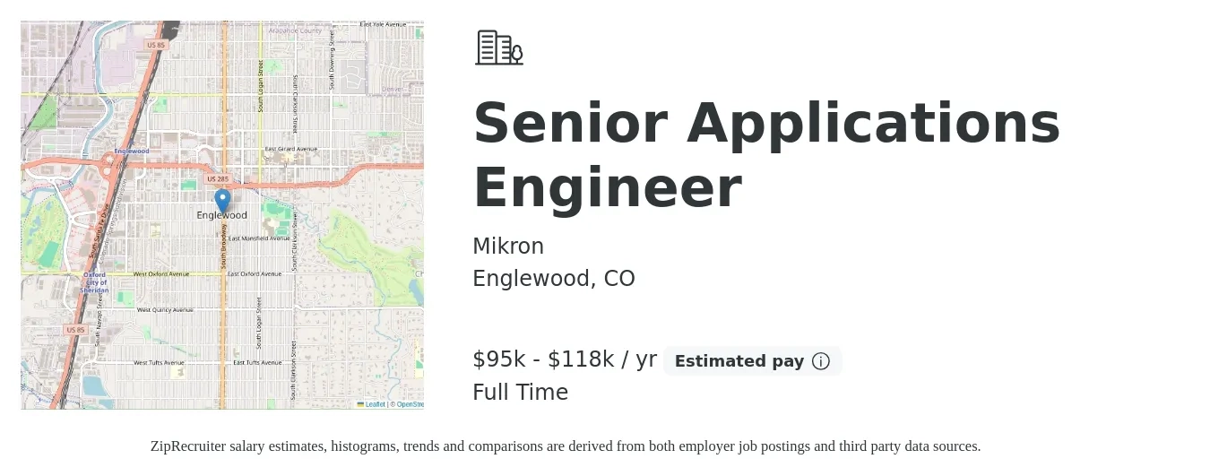 Mikron job posting for a Senior Applications Engineer in Englewood, CO with a salary of $95,000 to $118,000 Yearly with a map of Englewood location.