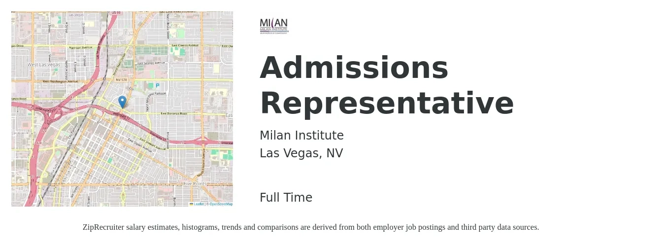 Milan Institute job posting for a Admissions Representative in Las Vegas, NV with a salary of $19 to $24 Hourly with a map of Las Vegas location.