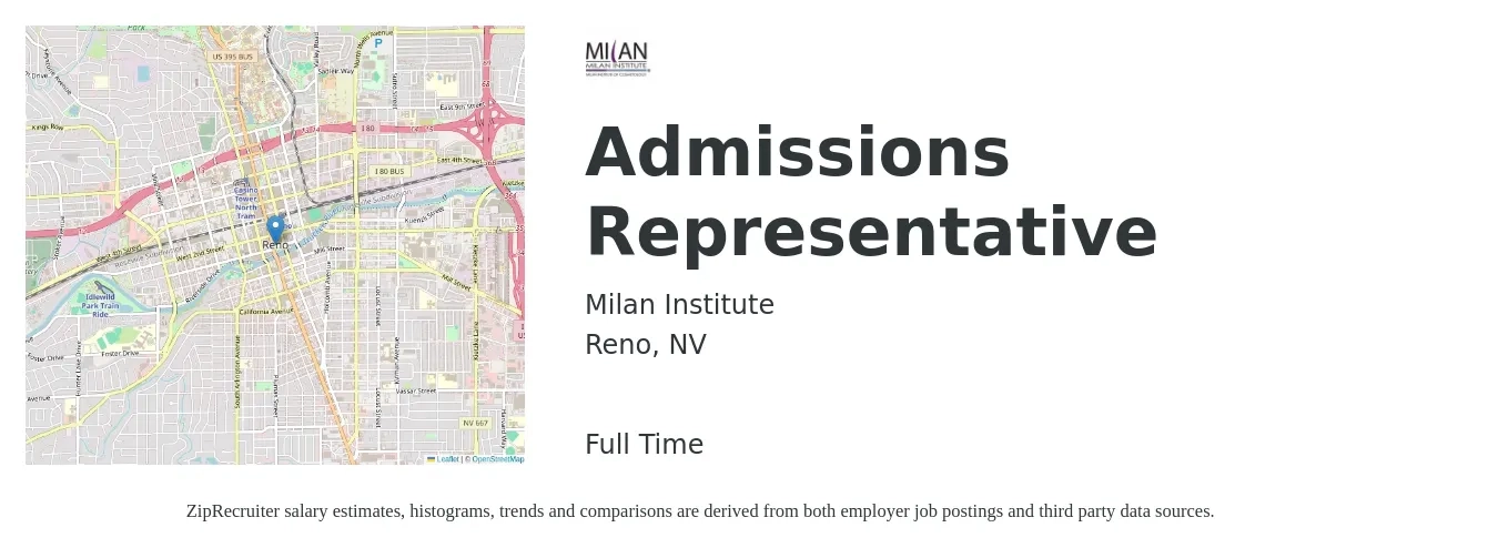 Milan Institute job posting for a Admissions Representative in Reno, NV with a salary of $20 to $26 Hourly with a map of Reno location.