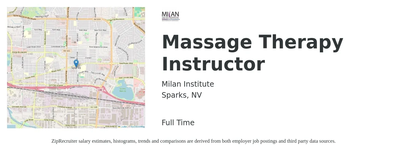 Milan Institute job posting for a Massage Therapy Instructor in Sparks, NV with a salary of $23 to $48 Hourly with a map of Sparks location.