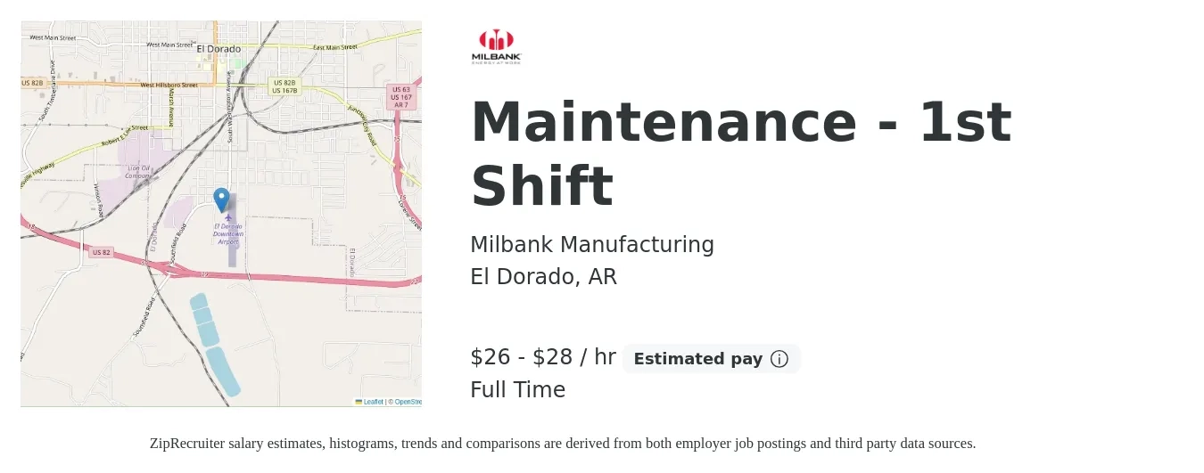 Milbank Manufacturing job posting for a Maintenance - 1st Shift in El Dorado, AR with a salary of $28 to $30 Hourly with a map of El Dorado location.