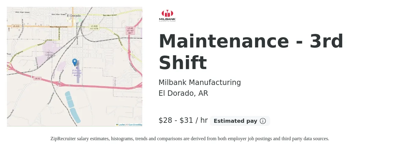 Milbank Manufacturing job posting for a Maintenance - 3rd Shift in El Dorado, AR with a salary of $30 to $32 Hourly with a map of El Dorado location.