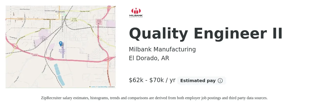 Milbank Manufacturing job posting for a Quality Engineer II in El Dorado, AR with a salary of $62,237 to $70,000 Yearly with a map of El Dorado location.