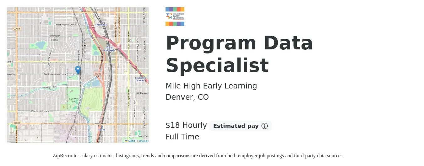 Mile High Early Learning job posting for a Program Data Specialist in Denver, CO with a salary of $19 Hourly with a map of Denver location.