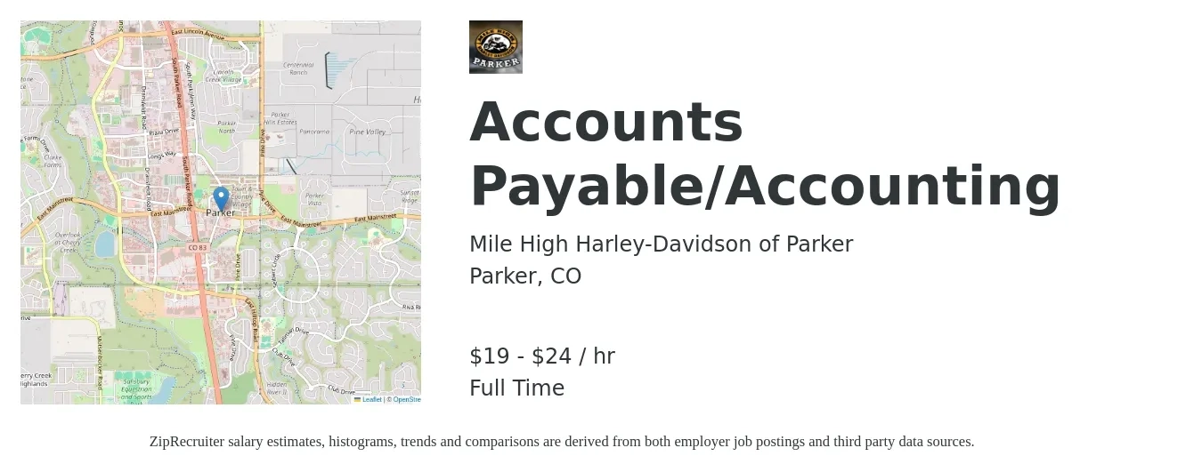 Mile High Harley-Davidson of Parker job posting for a Accounts Payable/Accounting in Parker, CO with a salary of $20 to $25 Hourly with a map of Parker location.