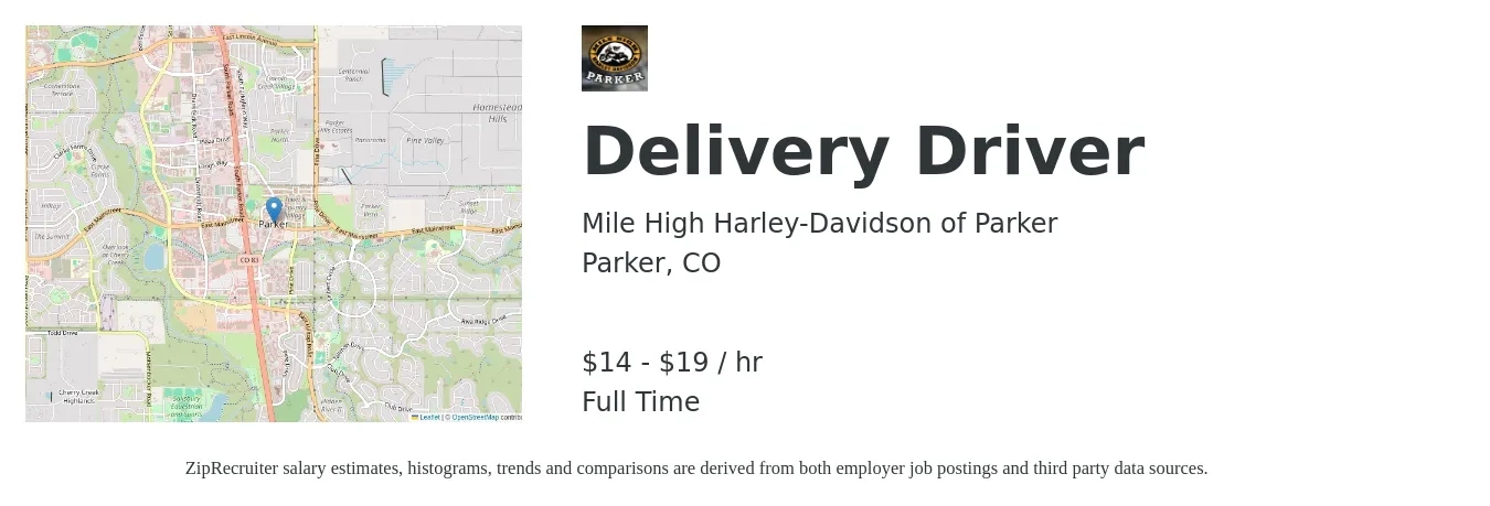 Mile High Harley-Davidson of Parker job posting for a Delivery Driver in Parker, CO with a salary of $15 to $20 Hourly with a map of Parker location.