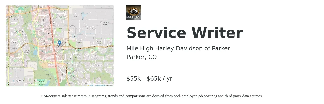 Mile High Harley-Davidson of Parker job posting for a Service Writer in Parker, CO with a salary of $55,000 to $65,000 Yearly with a map of Parker location.