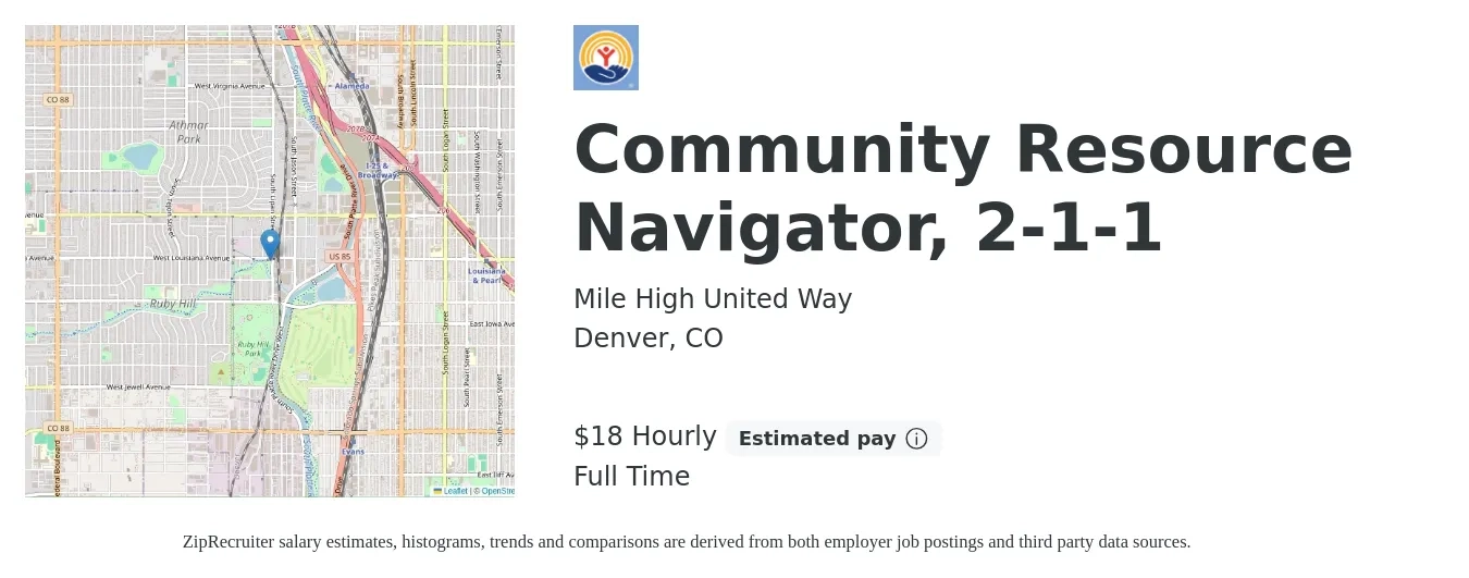 Mile High United Way job posting for a Community Resource Navigator, 2-1-1 in Denver, CO with a salary of $19 Hourly with a map of Denver location.
