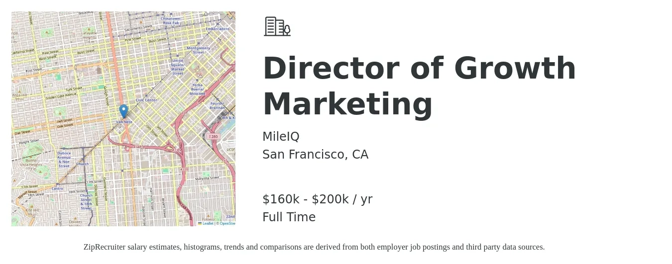 MileIQ job posting for a Director of Growth Marketing in San Francisco, CA with a salary of $160,000 to $200,000 Yearly with a map of San Francisco location.