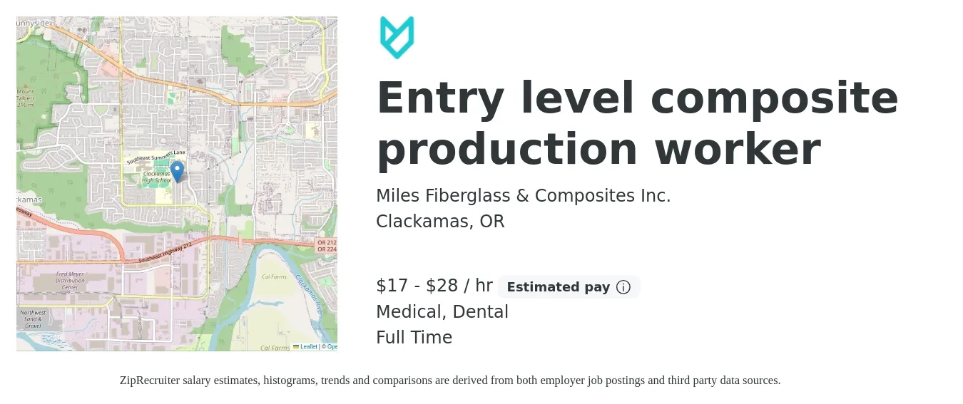 Miles Fiberglass & Composites Inc. job posting for a Entry level composite production worker in Clackamas, OR with a salary of $18 to $30 Hourly and benefits including pto, retirement, dental, life_insurance, and medical with a map of Clackamas location.