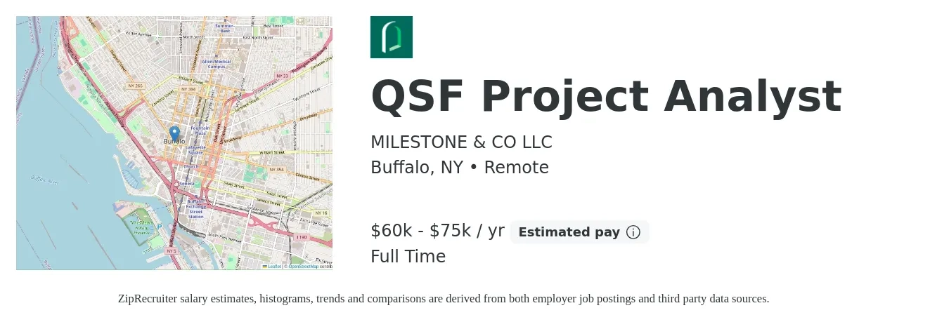 MILESTONE & CO LLC job posting for a QSF Project Analyst in Buffalo, NY with a salary of $60,000 to $75,000 Yearly with a map of Buffalo location.