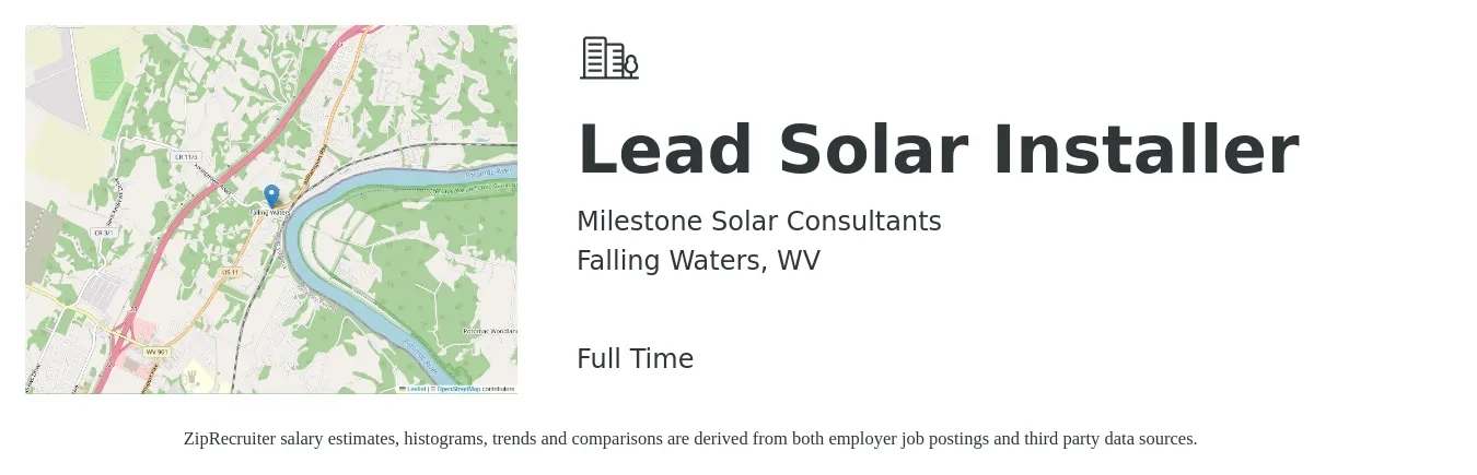 Milestone Solar Consultants job posting for a Lead Solar Installer in Falling Waters, WV with a salary of $19 to $26 Hourly and benefits including pto with a map of Falling Waters location.