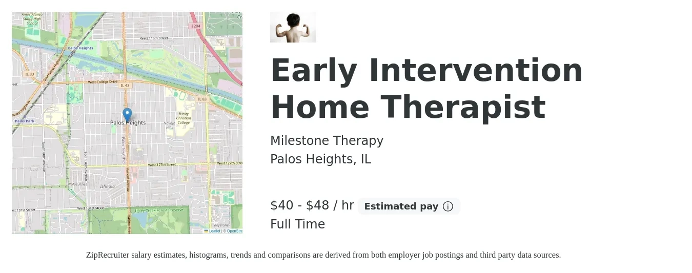 Milestone Therapy job posting for a Early Intervention Home Therapist in Palos Heights, IL with a salary of $42 to $50 Hourly with a map of Palos Heights location.