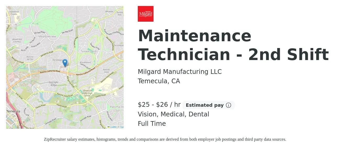 Milgard Manufacturing LLC job posting for a Maintenance Technician - 2nd Shift in Temecula, CA with a salary of $26 to $28 Hourly and benefits including dental, life_insurance, medical, pto, retirement, and vision with a map of Temecula location.