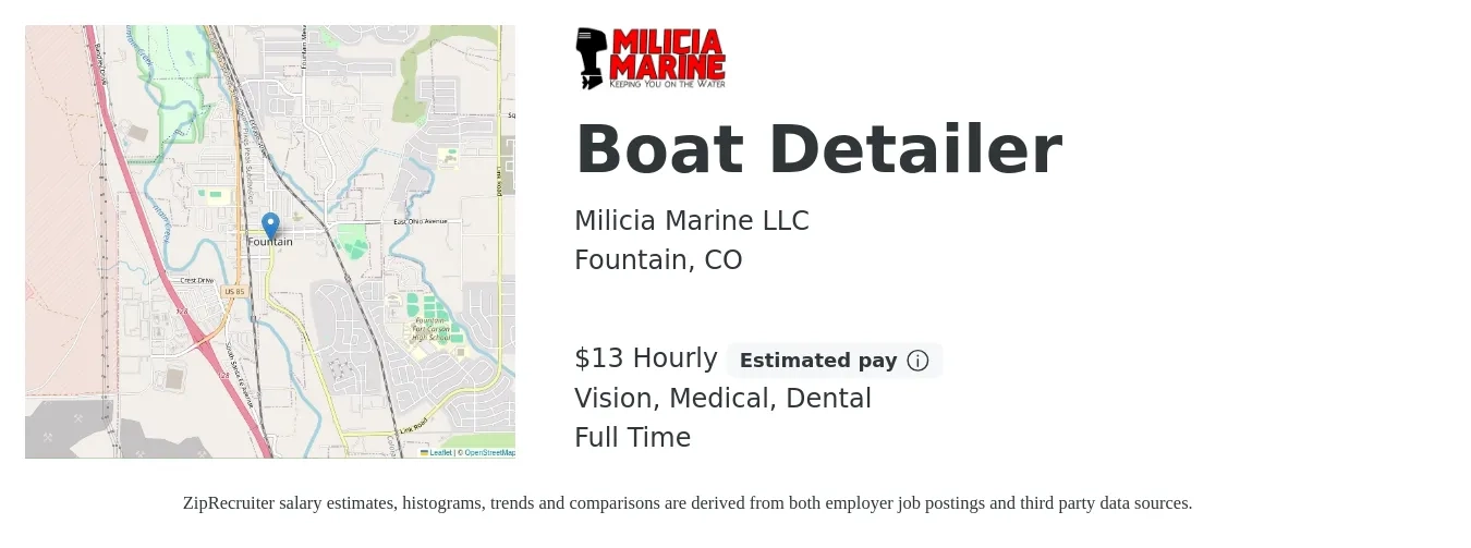 Milicia Marine LLC job posting for a Boat Detailer in Fountain, CO with a salary of $14 Hourly and benefits including vision, dental, and medical with a map of Fountain location.