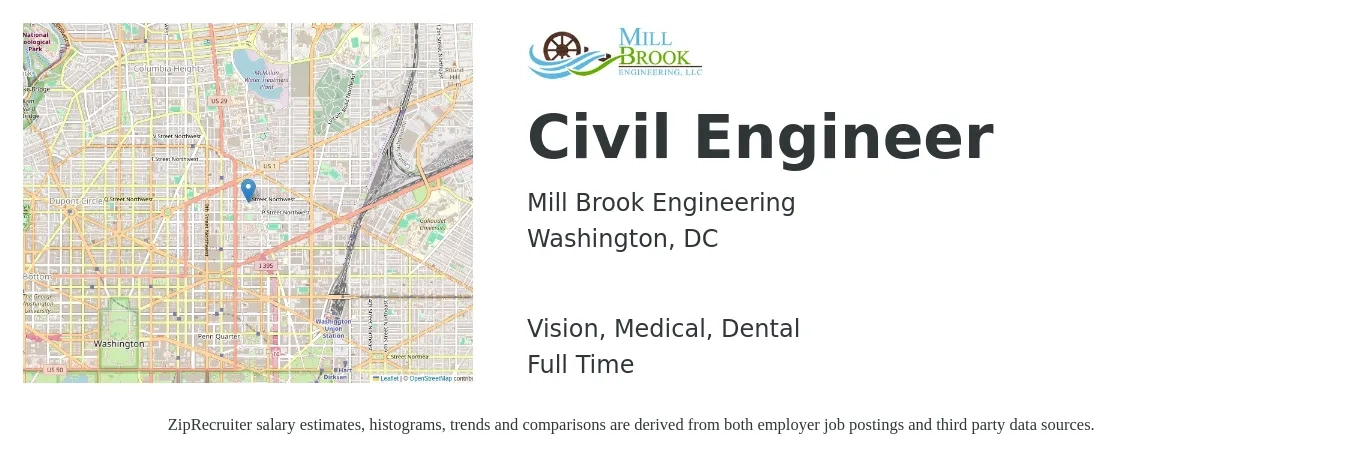 Mill Brook Engineering job posting for a Civil Engineer in Washington, DC with a salary of $76,400 to $111,600 Yearly and benefits including retirement, vision, dental, and medical with a map of Washington location.