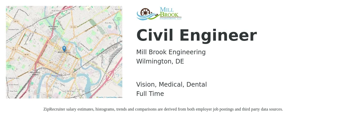Mill Brook Engineering job posting for a Civil Engineer in Wilmington, DE with a salary of $65,500 to $95,600 Yearly and benefits including vision, dental, medical, and retirement with a map of Wilmington location.