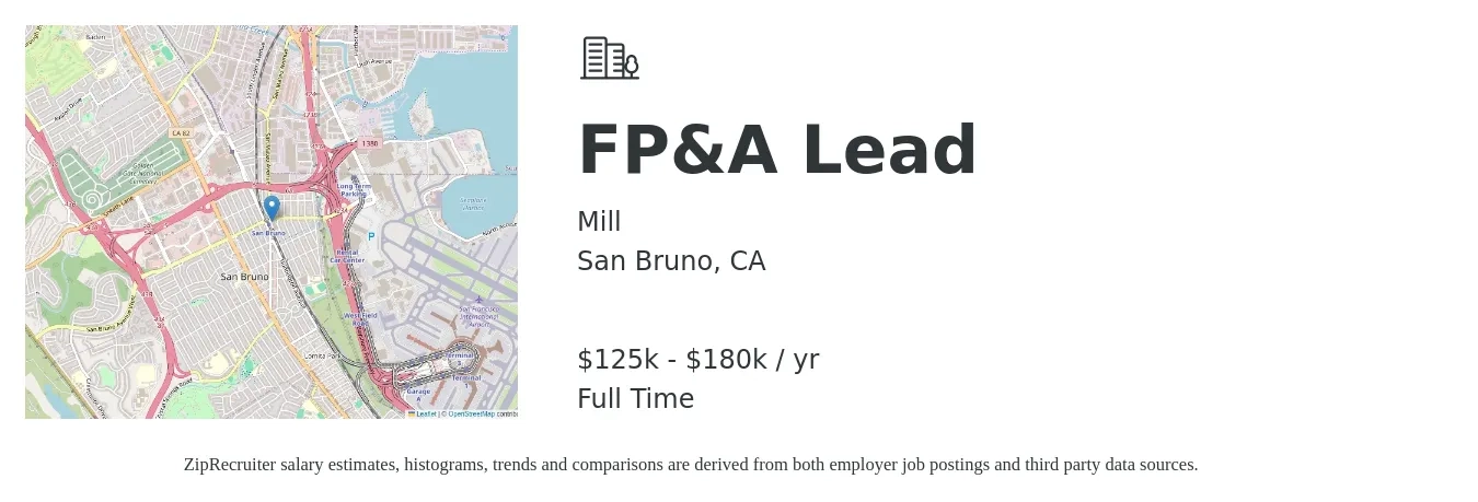 Mill job posting for a FP&A Lead in San Bruno, CA with a salary of $155,000 to $180,000 Yearly with a map of San Bruno location.