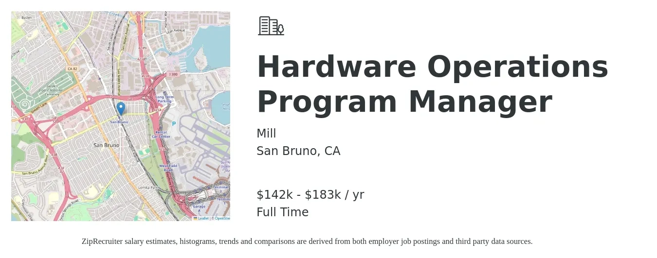 Mill job posting for a Hardware Operations Program Manager in San Bruno, CA with a salary of $142,000 to $183,000 Yearly with a map of San Bruno location.