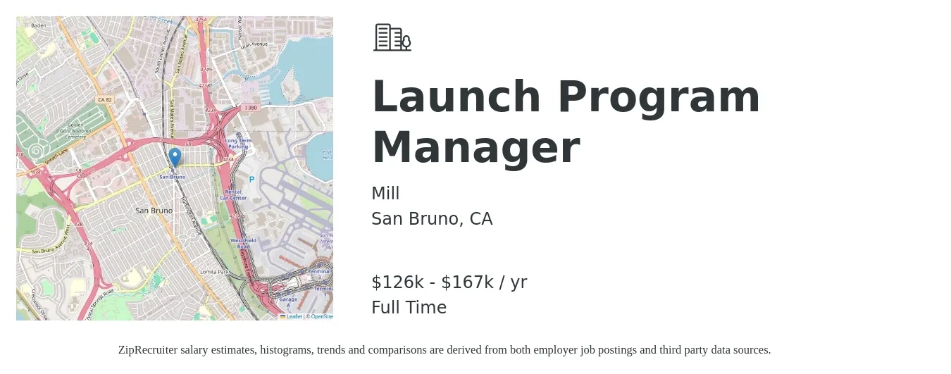 Mill job posting for a Launch Program Manager in San Bruno, CA with a salary of $126,000 to $167,000 Yearly with a map of San Bruno location.