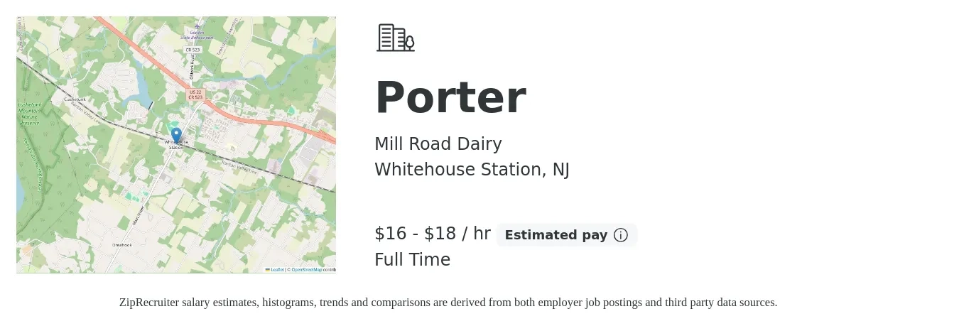 Mill Road Dairy job posting for a Porter in Whitehouse Station, NJ with a salary of $17 to $19 Hourly with a map of Whitehouse Station location.