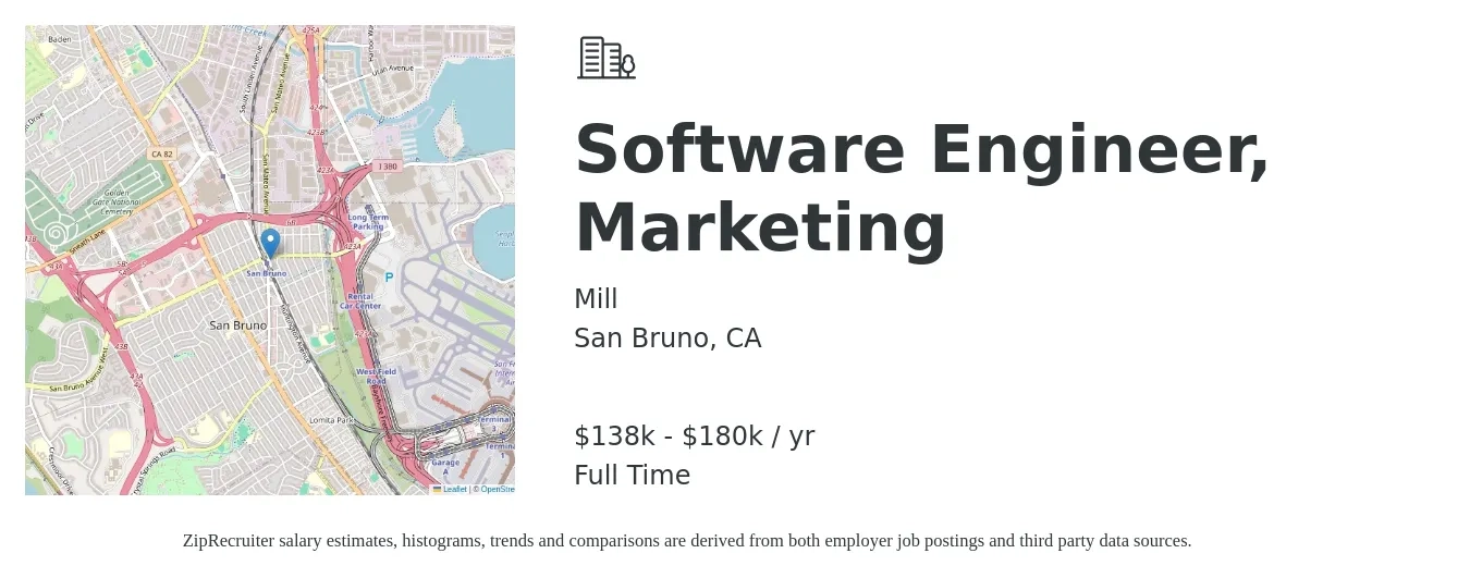 Mill job posting for a Software Engineer, Growth in San Bruno, CA with a salary of $138,000 to $180,000 Yearly with a map of San Bruno location.