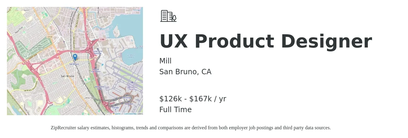 Mill job posting for a UX Product Designer in San Bruno, CA with a salary of $126,000 to $167,000 Yearly with a map of San Bruno location.