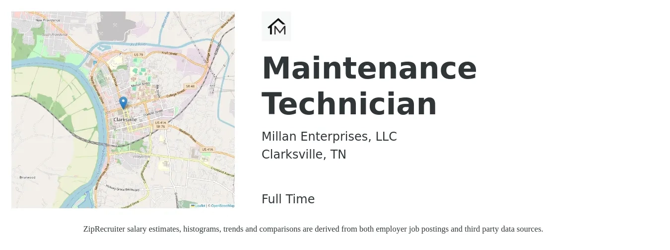 Millan Enterprises, LLC job posting for a Maintenance Technician in Clarksville, TN with a salary of $41,811 to $62,716 Yearly with a map of Clarksville location.