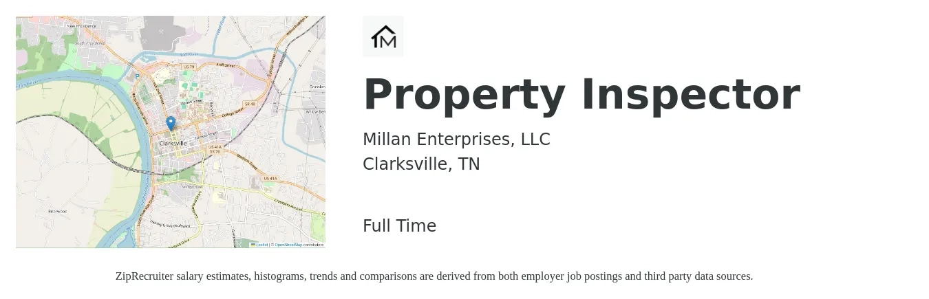Millan Enterprises, LLC job posting for a Property Inspector in Clarksville, TN with a salary of $41,000 to $63,000 Yearly with a map of Clarksville location.