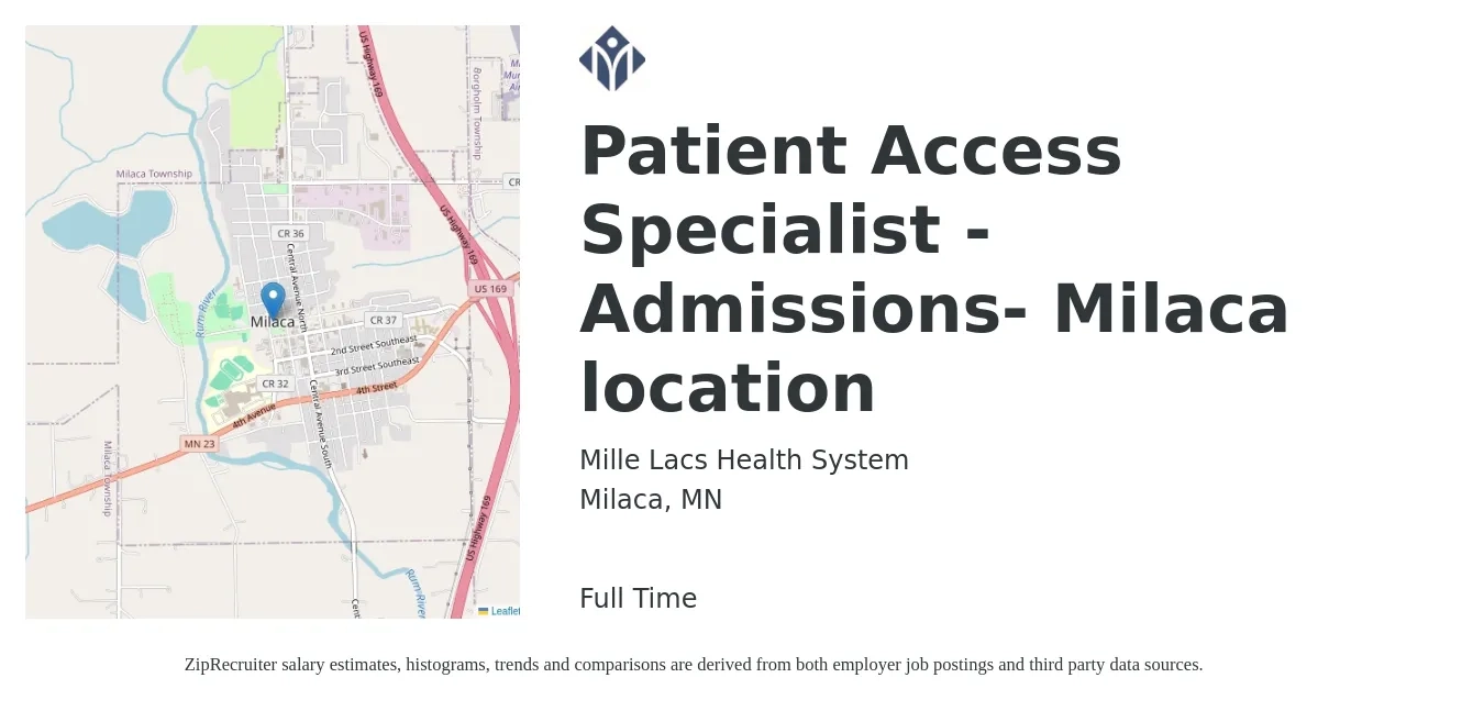 Mille Lacs Health System job posting for a Patient Access Specialist - Admissions- Milaca location in Milaca, MN with a salary of $18 to $23 Hourly with a map of Milaca location.
