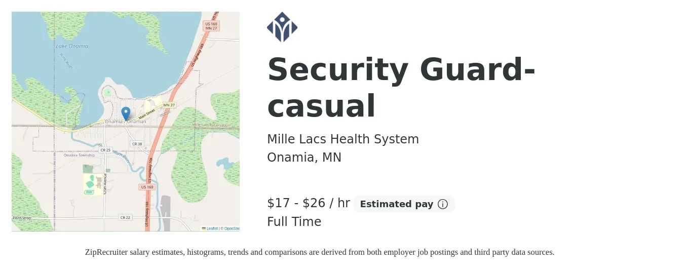 Mille Lacs Health System job posting for a Security Guard- casual in Onamia, MN with a salary of $18 to $27 Hourly with a map of Onamia location.