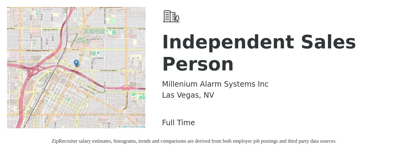 Millenium Alarm Systems Inc job posting for a Independent Sales Person in Las Vegas, NV with a salary of $73,500 to $112,700 Yearly with a map of Las Vegas location.
