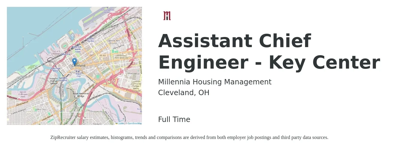 Millennia Housing Management job posting for a Assistant Chief Engineer - Key Center in Cleveland, OH with a salary of $52,400 to $108,100 Yearly with a map of Cleveland location.