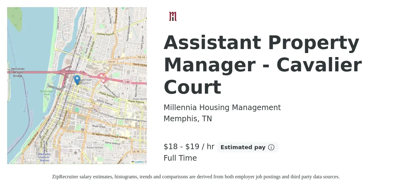Millennia Housing Management job posting for a Assistant Property Manager - Cavalier Court in Memphis, TN with a salary of $19 to $20 Hourly with a map of Memphis location.