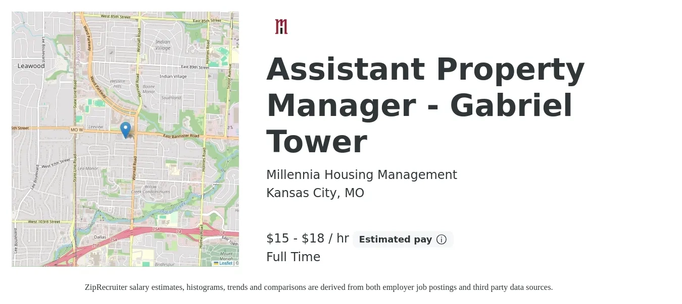 Millennia Housing Management job posting for a Assistant Property Manager - Gabriel Tower in Kansas City, MO with a salary of $16 to $19 Hourly with a map of Kansas City location.
