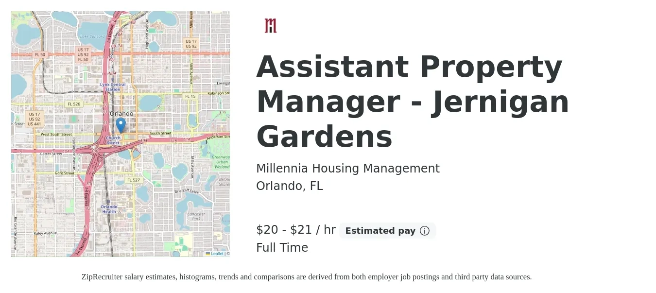 Millennia Housing Management job posting for a Assistant Property Manager - Jernigan Gardens in Orlando, FL with a salary of $21 to $22 Hourly with a map of Orlando location.
