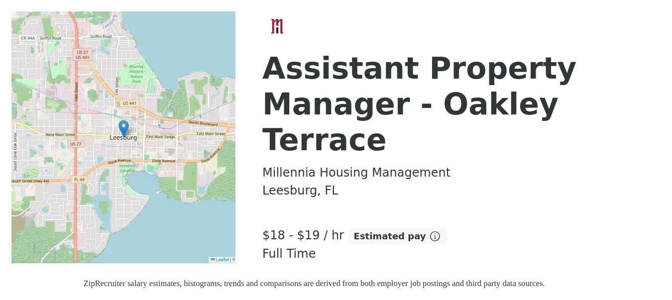Millennia Housing Management job posting for a Assistant Property Manager - Oakley Terrace in Leesburg, FL with a salary of $19 to $20 Hourly with a map of Leesburg location.