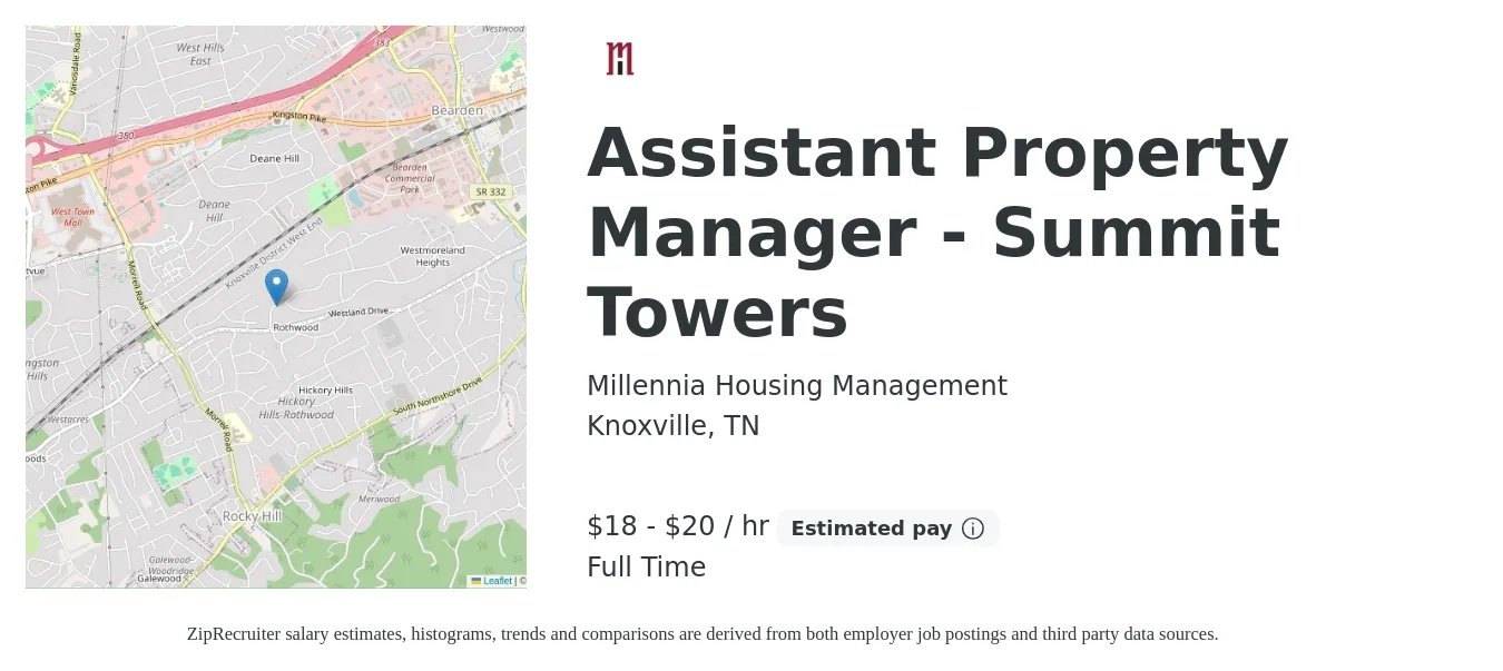 Millennia Housing Management job posting for a Assistant Property Manager - Summit Towers in Knoxville, TN with a salary of $19 to $21 Hourly with a map of Knoxville location.
