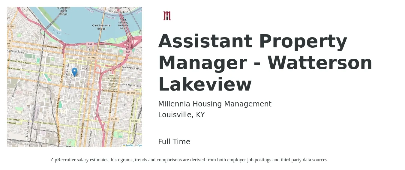 Millennia Housing Management job posting for a Assistant Property Manager - Watterson Lakeview in Louisville, KY with a salary of $17 to $23 Hourly with a map of Louisville location.