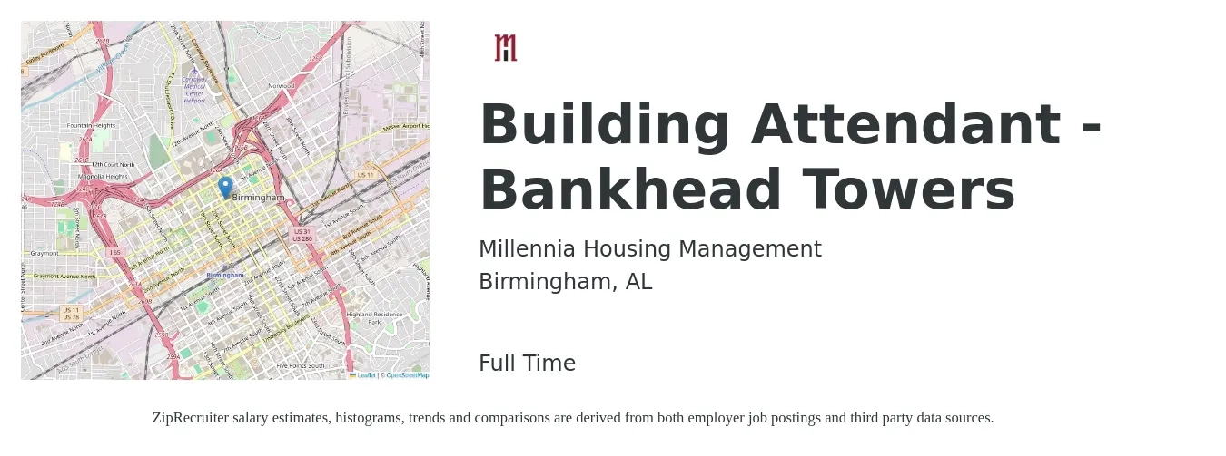 Millennia Housing Management job posting for a Building Attendant - Bankhead Towers in Birmingham, AL with a salary of $15 to $16 Hourly with a map of Birmingham location.
